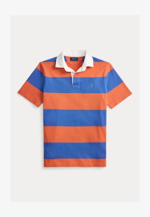 Polo a maniche corte a righe arancioni e blu con colletto bianco e logo verde. Tessuto di cotone, vestibilità classica e abbottonatura a tre bottoni.