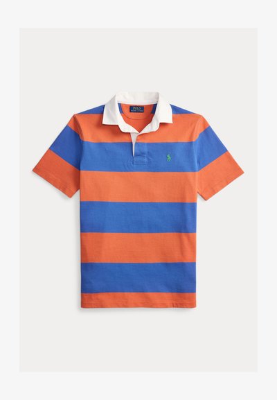 Πόλο με κοντά μανίκια σε πορτοκαλί και μπλε ρίγες με λευκό γιακά και πράσινο λογότυπο. Βαμβακερό ύφασμα, κλασική εφαρμογή και τρεις κουμπότρυπες.