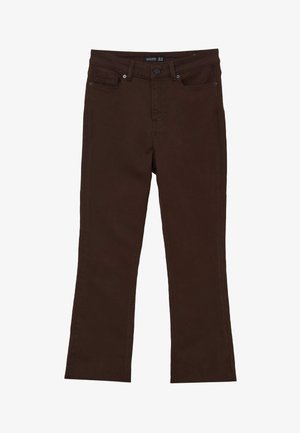Brown straight-leg jeans made of cotton with a smooth texture. Features a button closure, belt loops, and two front pockets.