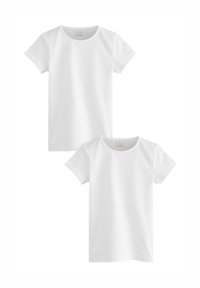 T-shirts en coton blanc à manches courtes et col rond, présentant une texture simple et lisse ; vendus par lot de deux.