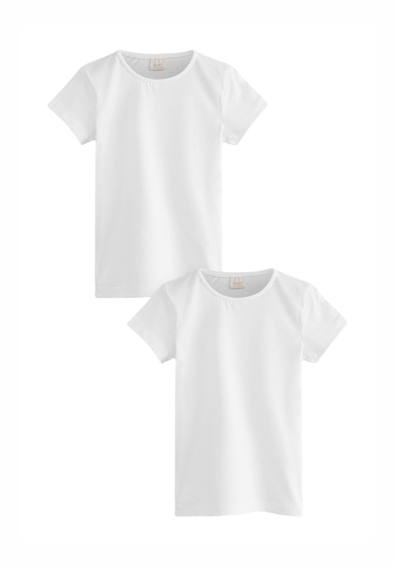 T-shirts en coton blanc à manches courtes et col rond, présentant une texture simple et lisse ; vendus par lot de deux.