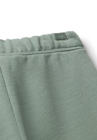 Close-up van een lichtgroene elastische tailleband en stofdetail van casual sweatpants met een klein merkembleem.