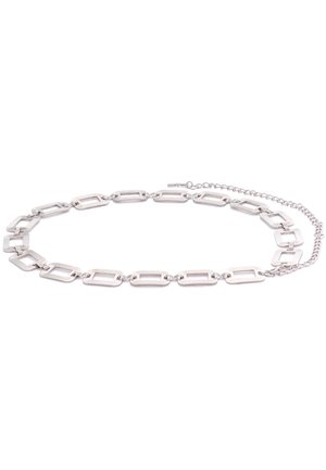 Silver-tone necklace with open rectangular chain links and an adjustable clasp chain on a white background.