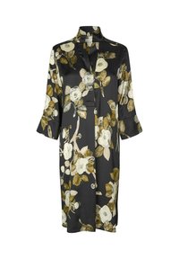 Satenasti cvetlični kimono z temnim ozadjem, na katerem so bele in olivne rože, ovratnikom in tremi četrtinami rokavov, ki se rahlo širijo.