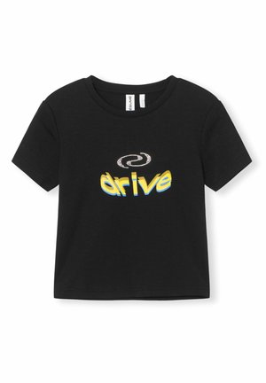 Čierne bavlnené tričko s krátkymi rukávmi, ktoré zobrazuje grafiku v žltej a modrej farbe s nápisom "drive" a špirálovým akcentom nad textom.
