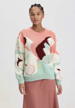 Strickpullover mit einem mehrfarbigen abstrakten Muster in Pink, Mint und Creme. Rundhalsausschnitt, lange Ärmel, strukturierter Stoff und gerippter Saum.