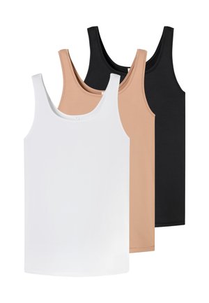 Trzy bezrękawniki na ramiączkach w kolorach białym, beżowym i czarnym, ułożone pionowo na białym tle.