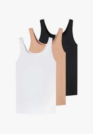 Trois débardeurs sans manches en blanc, beige et noir, superposés verticalement sur un fond blanc.