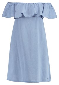 Vaaleansininen olkaimeton mekko, jossa on farkkukangasta. Mekossa on rypytetty kaulus ja löysä, suora malli, joka ulottuu polveen.