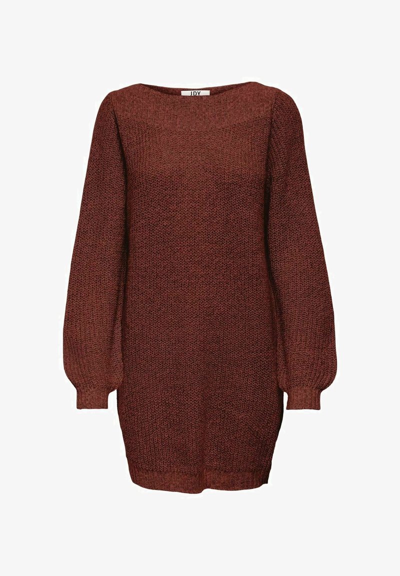 Abito maglia color ruggine con vestibilità ampia, scollo largo, maniche lunghe a sbuffo e polsini e orlo a coste. Tessuto texturizzato.