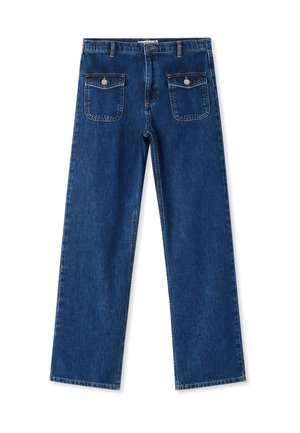 Jeans in denim di colore blu a gamba dritta con vita alta, tasche anteriori con pattina e bottoni, passanti per cintura e chiusura con bottone.