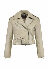 Beżowa skórzana kurtka motocyklowa z krótkim krojem, z naramiennikami, wieloma kieszeniami na zamek oraz paskiem w talii. Posiada metalowe akcenty w kolorze srebra.