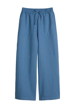 Blue wide-leg pants with elastic waistband and drawstring, featuring front patch pockets, made from lightweight fabric.
