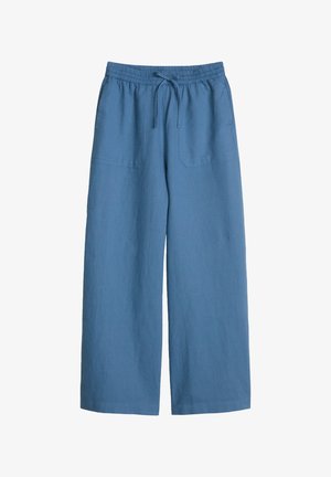 Blauwe broek met wijde pijpen, elastische tailleband en trekkoord, met opgestikte zakken voor, gemaakt van lichtgewicht stof.