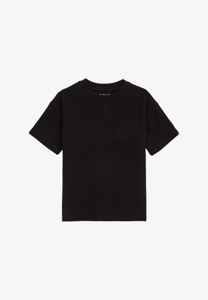 Schwarzes kurzärmliges T-Shirt aus Baumwolle, mit Rundhalsausschnitt und kleiner Brusttasche. Glatte Textur mit klassischer Passform.