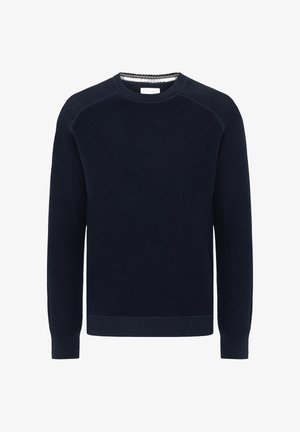 Dunkelblauer Pullover mit Rundhalsausschnitt, strukturierten Strickärmeln und gerippten Bündchen und Saum. Verfügt über einen glatten Hauptkörper und kontrastierende Details.