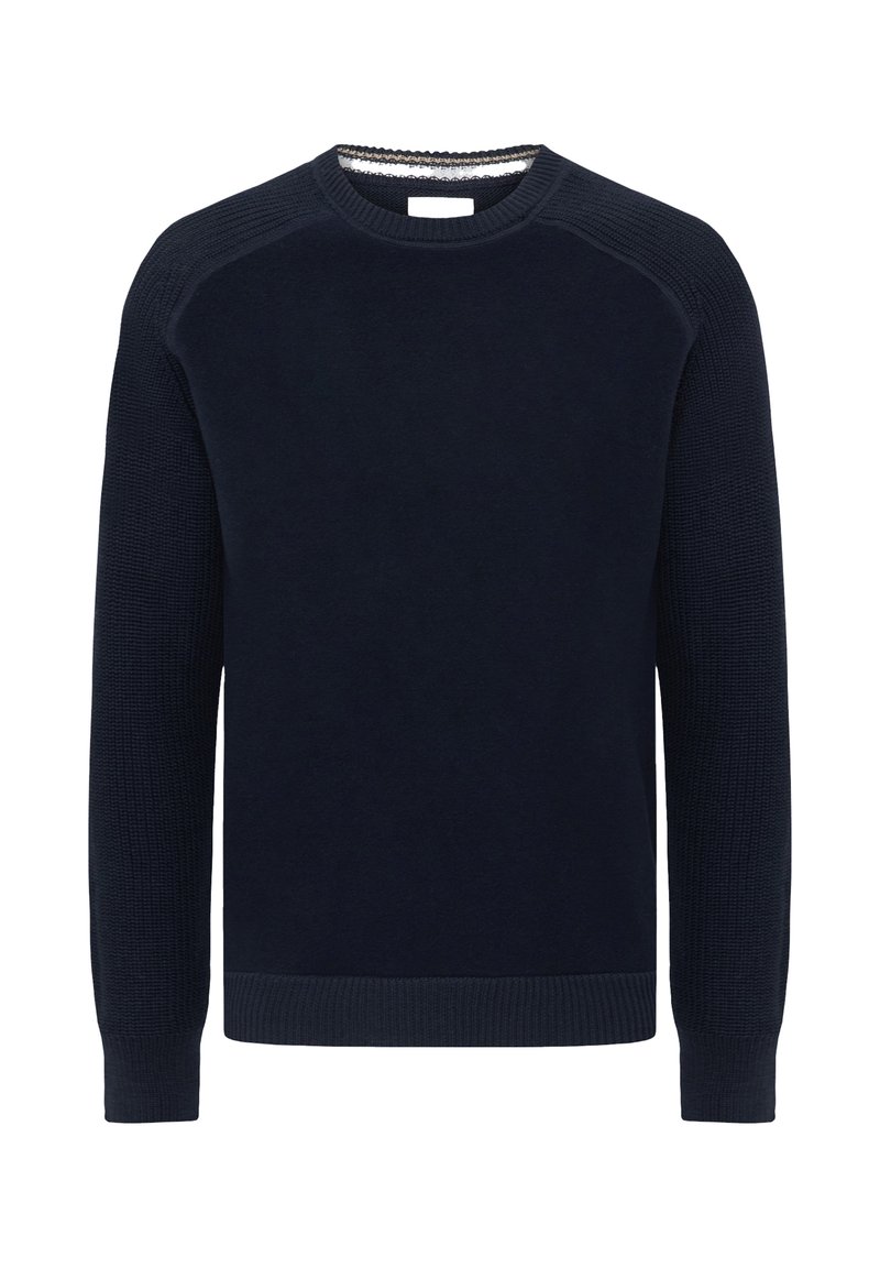 Dunkelblauer Pullover mit Rundhalsausschnitt, strukturierten Strickärmeln und gerippten Bündchen und Saum. Verfügt über einen glatten Hauptkörper und kontrastierende Details.