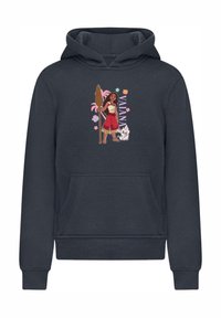 Felpa con cappuccio blu navy con grafica di Moana che mostra un remo, un cane e decorazioni floreali. Realizzata in materiale morbido e dotata di una tasca frontale tipo kangaroo.