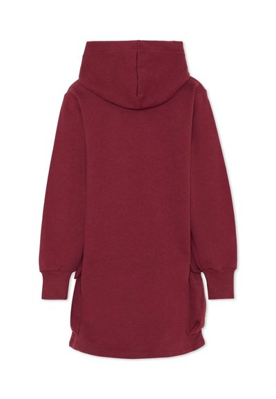 Abito felpa a maniche lunghe con cappuccio di colore bordeaux, con polsini a coste e tasche laterali, mostrato di spalle su uno sfondo bianco.