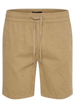 Shorts de mezcla de lino beige con cintura elástica y cordón, costuras laterales y un corte relajado. Sin bolsillos ni adornos adicionales.