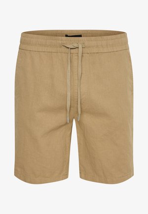 Beige Leinen-Shorts mit elastischem Bund, Kordelzugverschluss und gerade geschnittenen Beinen. Mit dezenten Nahtdetails.