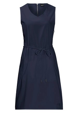 Vestido azul marino sin mangas con escote en V, bolsillos laterales, cinturón ajustable en la cintura y cierre de cremallera en la espalda.