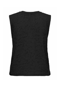 Czarny bezrękawnik z fakturowanym wzorem, wykonany z miękkiego materiału z lekko wypukłym wzorem i luźnym krojem.