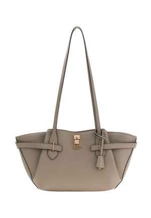 Sac cabas en similicuir gris clair avec doubles poignées, quincaillerie dorée et logo avant. Comprend des sangles latérales et une forme structurée.