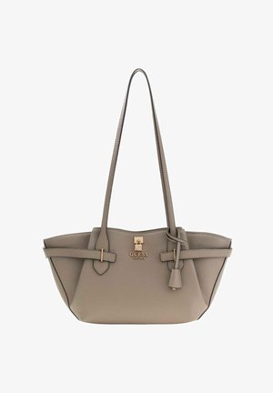 Sac cabas en similicuir gris clair avec doubles poignées, quincaillerie dorée et logo avant. Comprend des sangles latérales et une forme structurée.