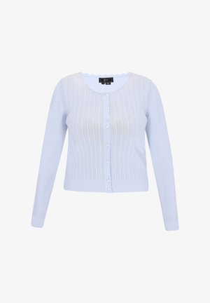 Světle modrý kardigan vyrobený z pletené tkaniny s vlnitým výstřihem, vertikálním pruhovaným vzorem a zapínáním na perlové knoflíky.