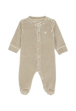 Beige und weiße gestreifte Baby-Einteiler mit langen Ärmeln, Knopfverschluss vorne und Füßchen, aus weichem Stoff gefertigt.