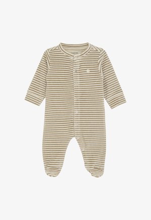 Beige und weiße gestreifte Baby-Einteiler mit langen Ärmeln, Knopfverschluss vorne und Füßchen, aus weichem Stoff gefertigt.