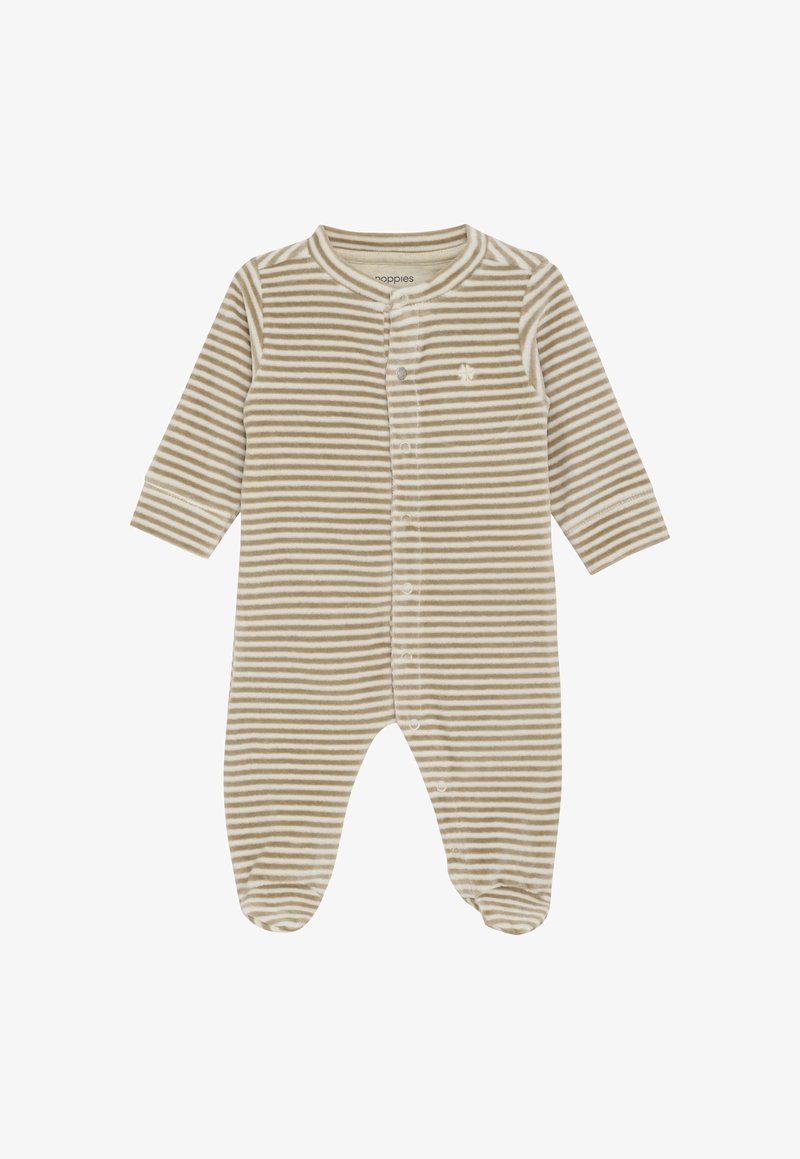 Bodysuit pour bébé à manches longues rayé beige et blanc avec des boutons-pression sur le devant et des jambes avec pieds, fabriqué en tissu doux.