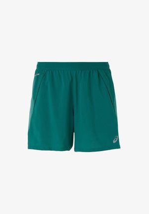 Teal athletic shorts made from lightweight fabric, featuring an elastic waistband, two side pockets, and a small logo on the lower right front.