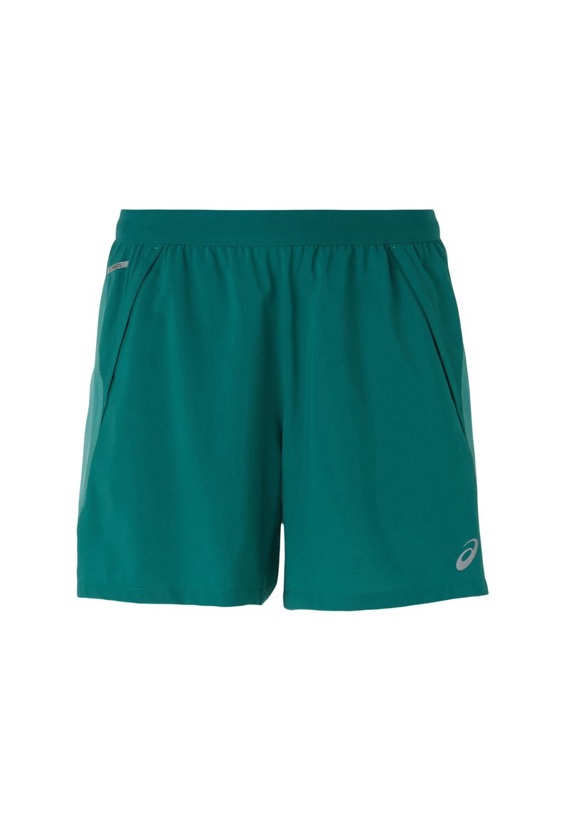 Teal sportieve shorts gemaakt van lichtgewicht stof, voorzien van een elastische tailleband, twee zijzakken en een klein logo aan de onderzijde van de rechter voorkant.