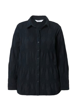 Chemise noire avec un motif texturé, dotée d'un devant à boutons, des manches longues et un col classique. Coupe légèrement décontractée.