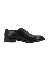 Scarpe eleganti da uomo in pelle nera con lacci, tacco basso e finitura liscia, mostrate di profilo su sfondo bianco.