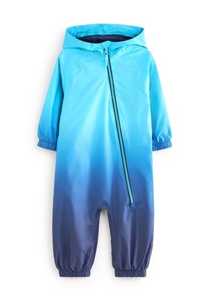 Blå gradient vandtæt tumbler-jumpsuit med frontlynlås, elastiske ærmer og ankler samt hætte. Glat tekstur, letvægtsdesign.