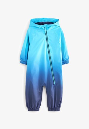 Blauwe gradient waterdichte peuter overall met een ritssluiting aan de voorkant, elastische mouwen en enkels, en een capuchon. Gladde textuur, lichtgewicht ontwerp.