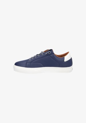 Zapatilla deportiva baja azul marino con lengüeta en el talón blanca, suela blanca, forro interior marrón y ojales plateados con cordones grises.