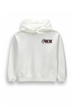 Biała bluza z kapturem z małą grafiką na piersi z postacią z kreskówki i tekstem "MM BE A LEGEND" w ciemnoczerwonym i czarnym kolorze.