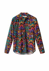 Camicia a maniche lunghe con bottoni multicolore, caratterizzata da un vivace motivo astratto con triangoli, quadrati e zigzag in viola, teal, arancione e marrone.