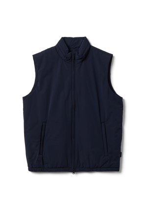 Sleeveless navy blue quilted vest with stand-up collar, front zipper, and two side pockets, displayed on a white background.