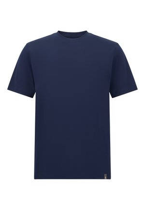 Marineblauwe T-shirt met korte mouwen van een zachte, gladde stof, met een ronde halslijn en een klein merkaccent nabij de zoom.