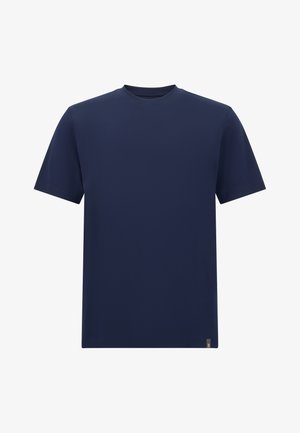 Granatowa koszulka z krótkim rękawem, uszyta z miękkiego, gładkiego materiału, z okrągłym dekoltem i małym logo przy dolnym boku.