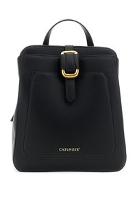 Sac à dos en cuir-texturé noir avec une poignée supérieure, une boucle avant avec des garnitures en or, et le logo "CAFèNOIR" en lettres dorées.