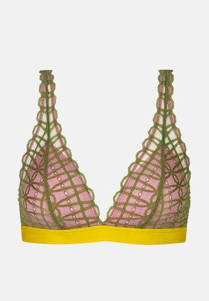 Kanten bralette met een groene geometrische print, roze voering en een gele band. Driehoekige vorm met verstelbare bandjes.