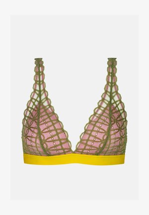 Kanten bralette met een groene geometrische print, roze voering en een gele band. Driehoekige vorm met verstelbare bandjes.