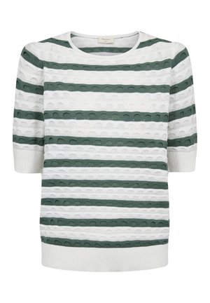Wit gebreide trui met korte mouwen, voorzien van horizontale olijfgroene gestructureerde strepen en een ronde halslijn.