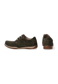 Dunkelgrüne Wildlederschuhe mit glatter Oberfläche, kontrastierenden weißen Nähten, Schnürdesign und einer Gummisohle mit strukturierten Akzenten.